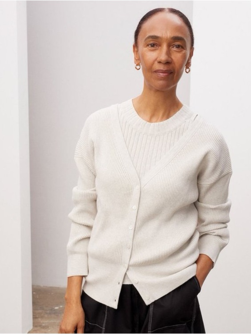 Kowtow Greta Cardigan Ribbed Greige Minimalist Boxy Organic Cotton in M
